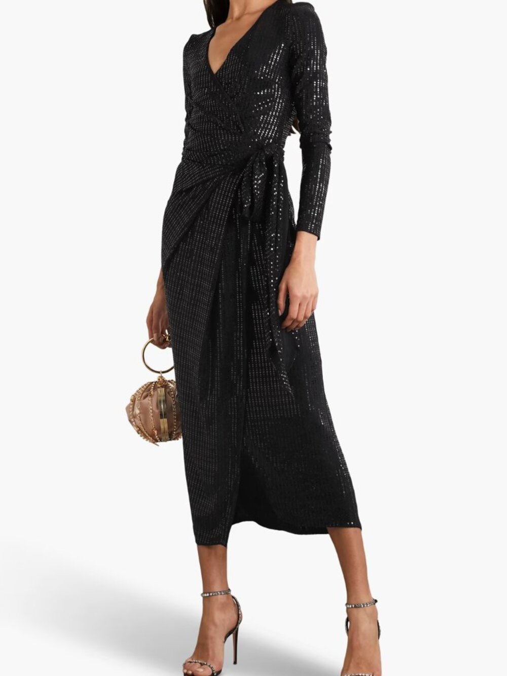 TALBOT RUNHOF Couture 14 shimmering BLACK SEQUIN MIDI WRAP DRESS 44 Elegant!